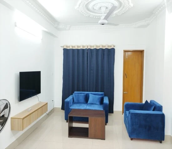 Furnished 2 room apartment in Dhaka, Property H5-551-A4, living room with blue sofas and a wall-mounted TV