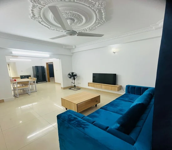Furnished 1 room apartment in Dhaka, Property H5-551-B3, living room with blue sofa, TV and dining area