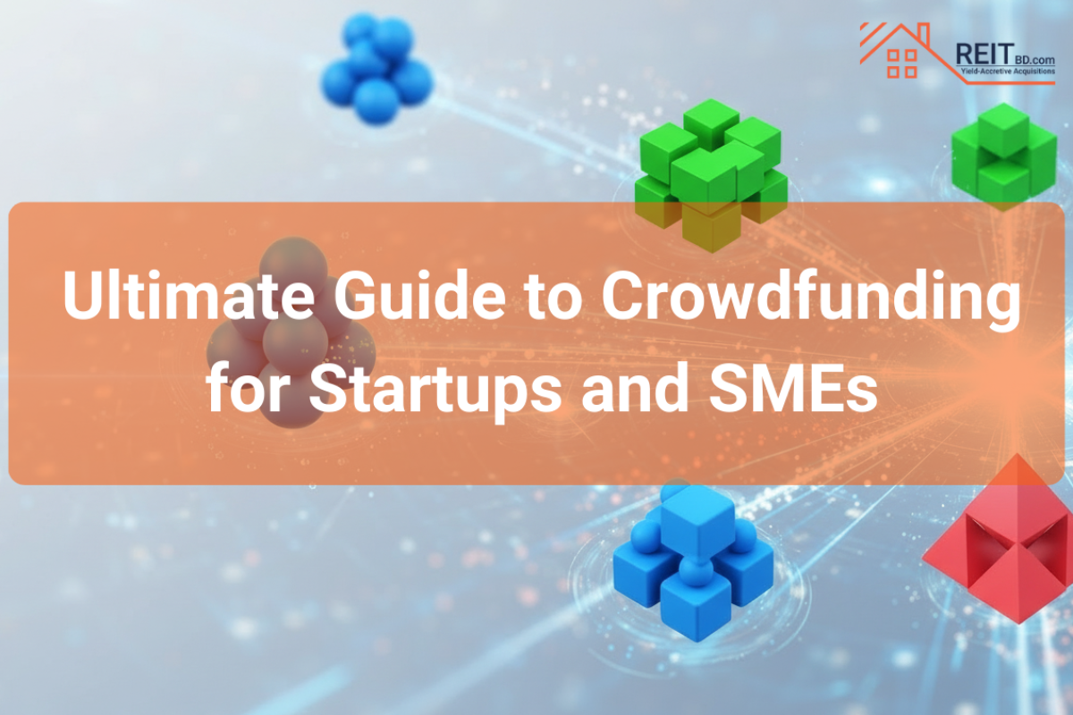 The title of a guide, "Guide to Crowdfunding for Startups and SMEs," set against an abstract digital background with geometric shapes.